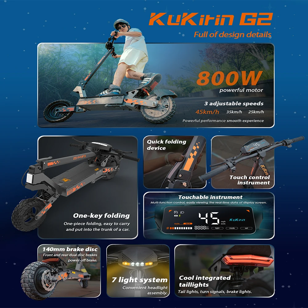 Monopattino Elettrico Pieghevole Kukirin G2 2025, 800W 48V 15.6Ah, Pneumatici da 10″, Velocità Massima 45 km/h, Autonomia 55 km - immagine 5