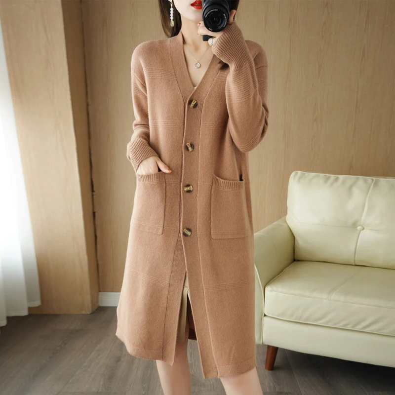 

100% Wool Sweater Autumn/winter 2021 New Woman V-Neck Cardigan Korean Fashion Long Knit Tops Female Jacket Warm Coat