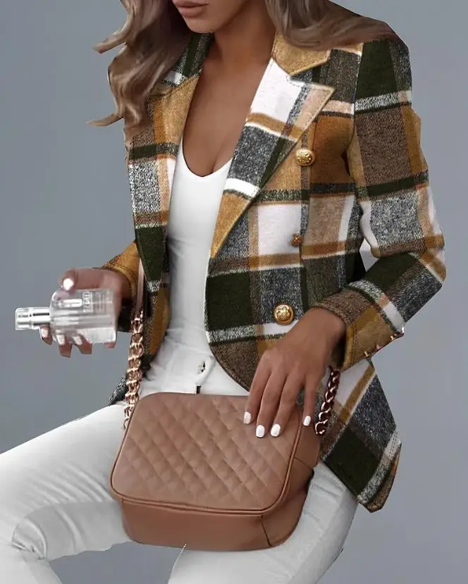 Двубортный пиджак с принтом в клетку, новая мода 2023, популярная женская одежда