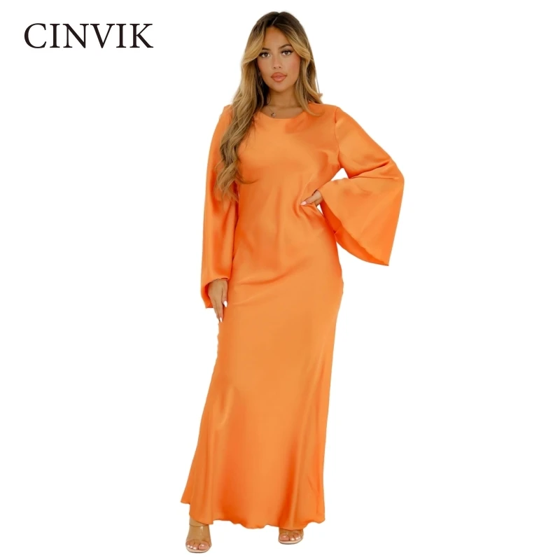 

New Fashion Dresses Elegant Dress Solid Long Skirts Satin Gown Waist Thin Dresses Flared Sleeves Dress Women Clothing Bodycon