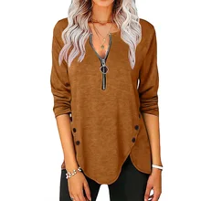 

Fashion Women Zip Up Solid Color Tops Casual Long Sleeve Pullover Sexy V Neck Tee Button T Shirt Ladies Female Soft Streetwear