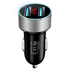 Multi - Function Dual USB Car Charger with LED Display and Voltmeter (Silver)