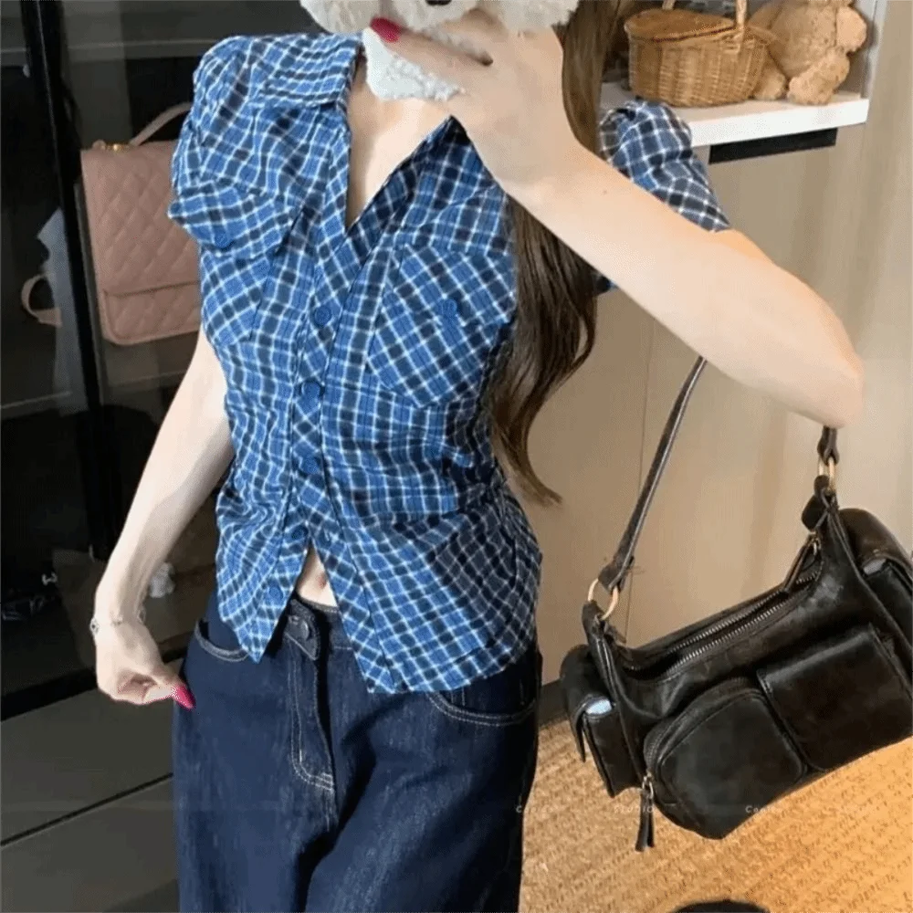 Casual Short Blue Grid Shirt Korean Style Streetwear Women Blue Grid Blouse Pink Ruffle Long Sleeve Tops Travel