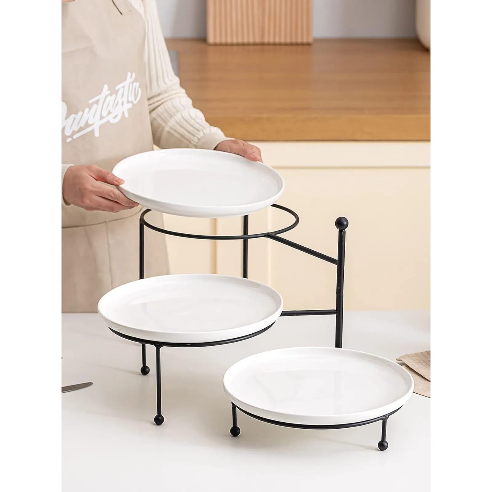US 3 Tiered Serving Stand with White Porcelain Plates, Tiered Tray Stand, 10" x 10" Tier Serving Trays with Black Metal