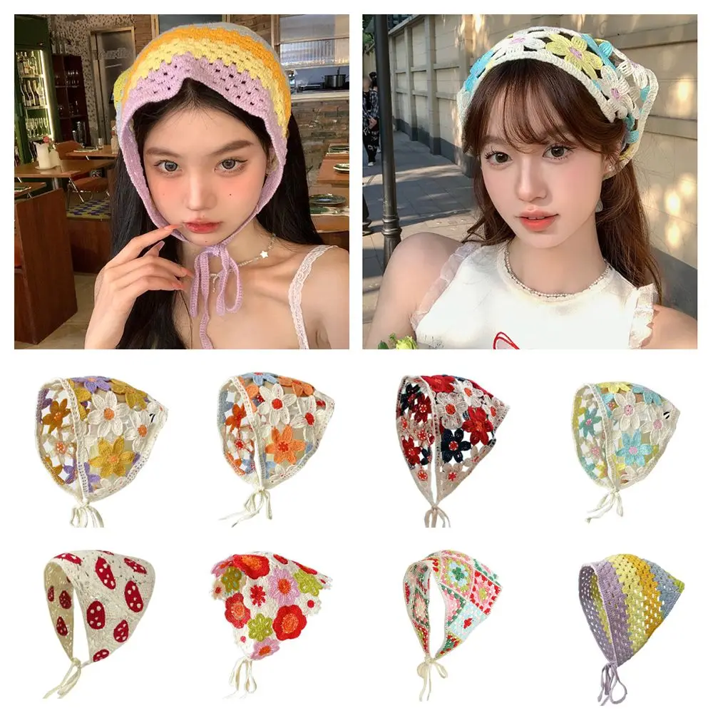 

Little Daisy Knitting Flower Headband Multicolor French Retro Crochet Triangle Headscarf Photo Props Pastoral Style