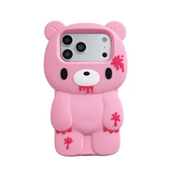 3D Cartoon Cute Blue Bloody Bear Soft Silicone Phone Case - iPhone 12 Pro Max (Pink)