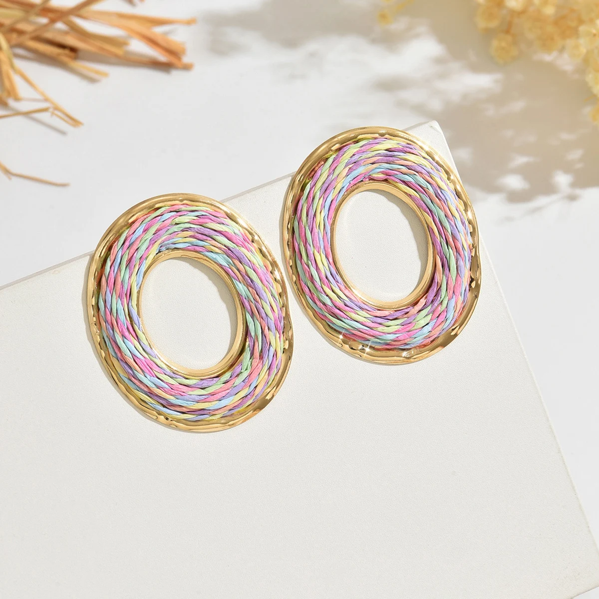Boho Summer Multicolor Oval Rattan Knit Earrings for Women Girl Trendy Sweet Handmade Raffia Circle Big Earrings Fashion Jewelry