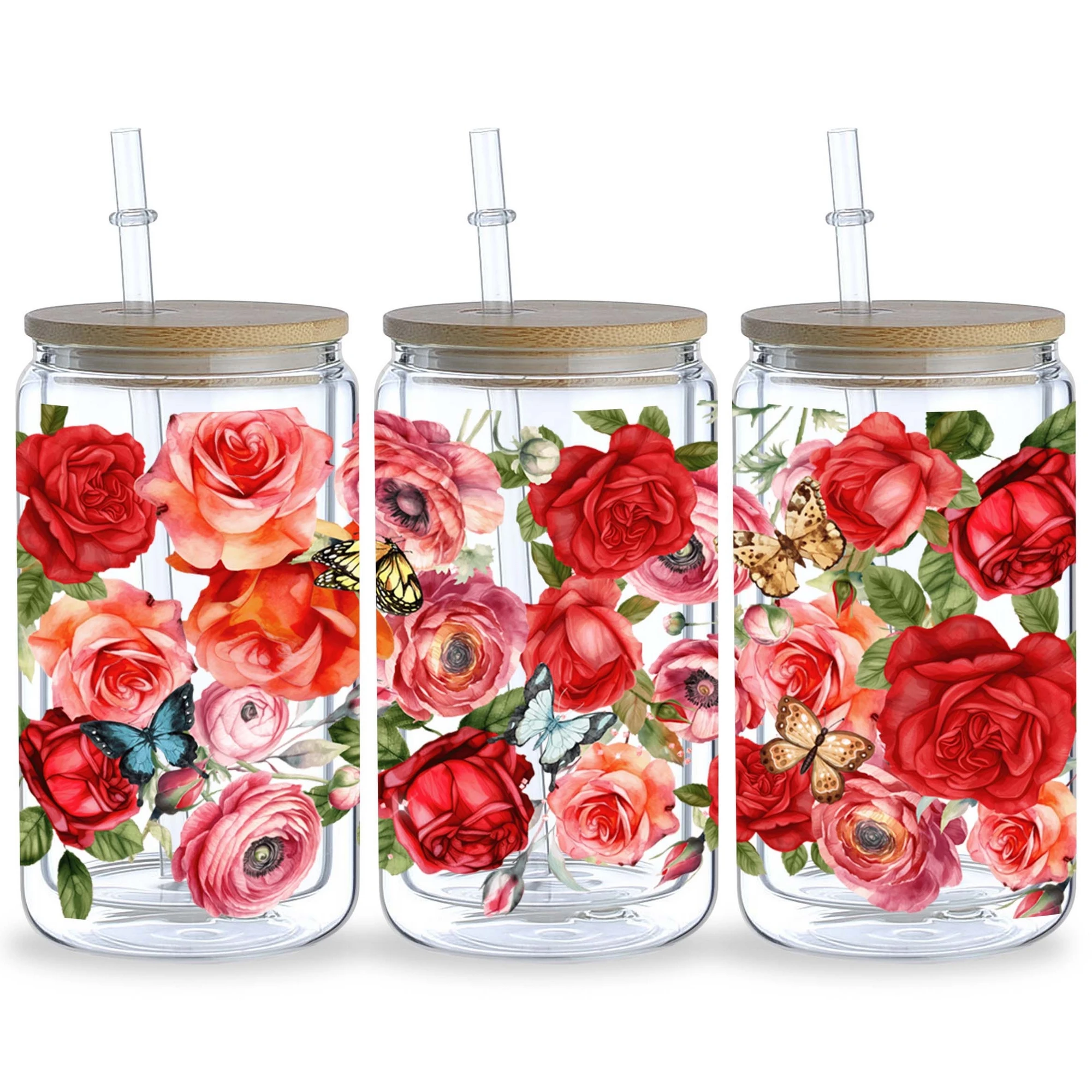 5 Sheets Beautiful Flower UV DTF Glass Cup Packaging Transfer Stickers Wipe-On Transfer Stickers 16oz Glass
