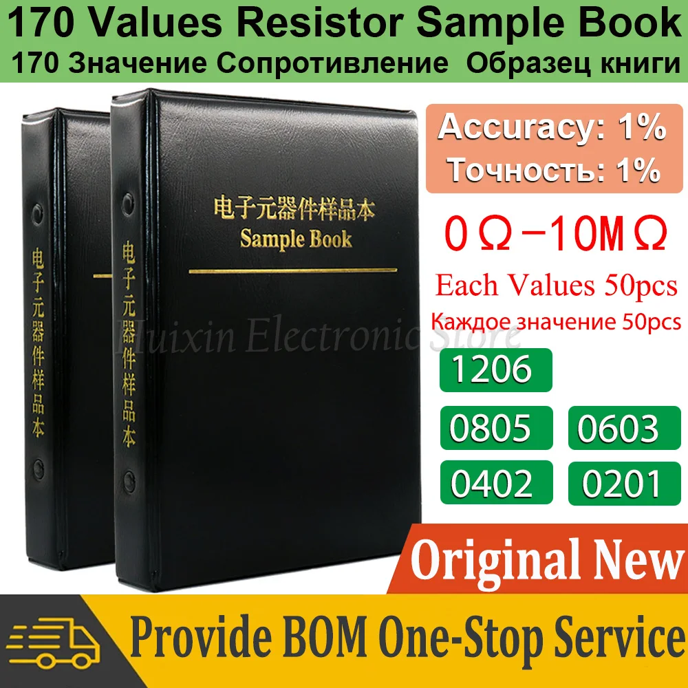 

Resistor SMD Sample Book Chip Resistor Assortment Kit 0201 0402 0603 0805 1206 Accuracy 1% SMT 170 Values Each 50pcs 0R-10M Ohm