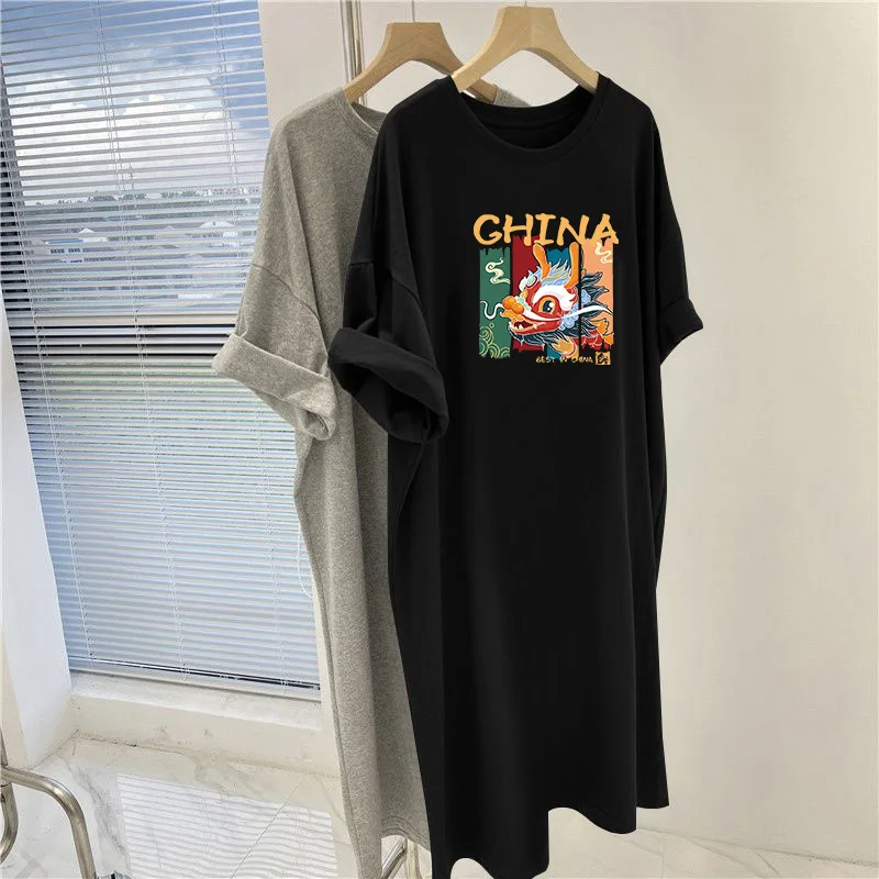 

Summer Cartoon Printed O-neck Knee Length Tunic, Vintage Short Sleeve Pullovers Dresses, Women Clothing Loose Casual Dress