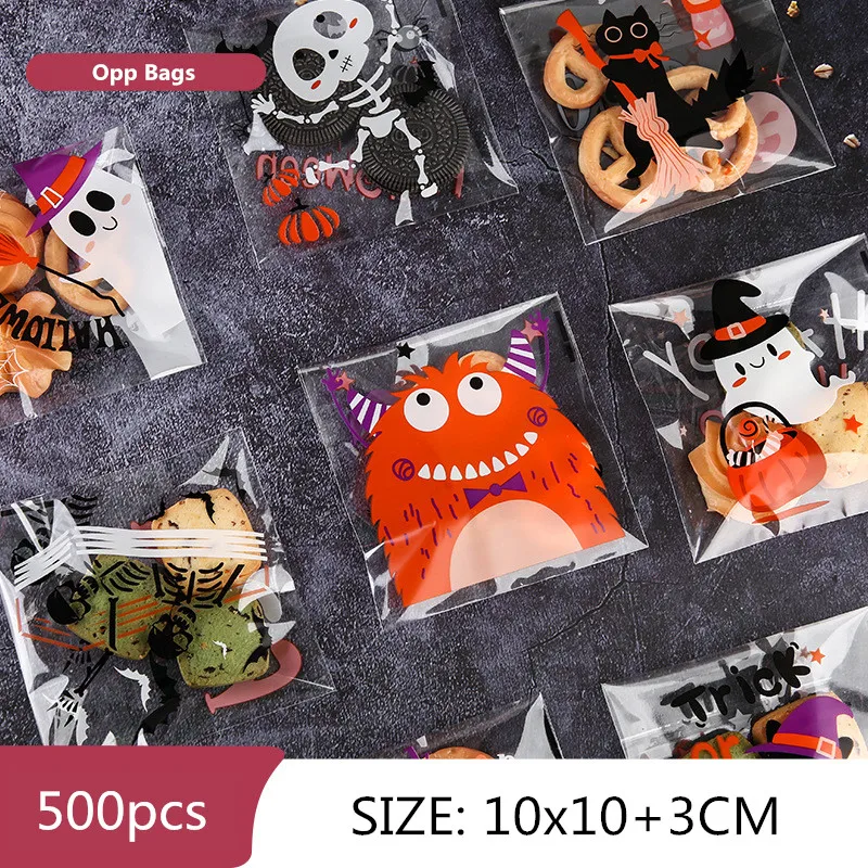 

Самоклеящиеся пакеты для конфет на Хэллоуин, 500 шт. 10x10 + 3 см