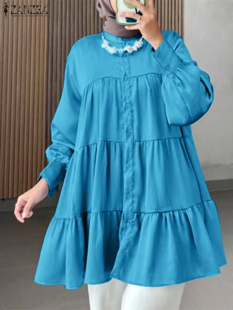 

Винтажная однотонная блузка ZANZEA с оборками, модная женская рубашка с длинными рукавами-фонариками, Повседневная Свободная одежда в исламском стиле, абайя, мусульманские топы, весна