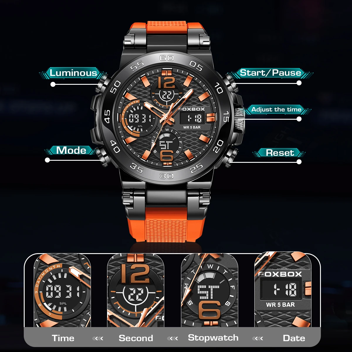 FOXBOX Fashion Big Dial Watch Men Casual Sports Military Quartz Men Watch Silicone Waterproof Alarm Chronograph Montre Homme+BOX