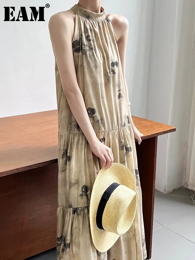 

Женское платье с лямкой на шее EAM, длинное платье абрикосового цвета с принтом, свободного покроя, без рукавов, весна-лето 2024