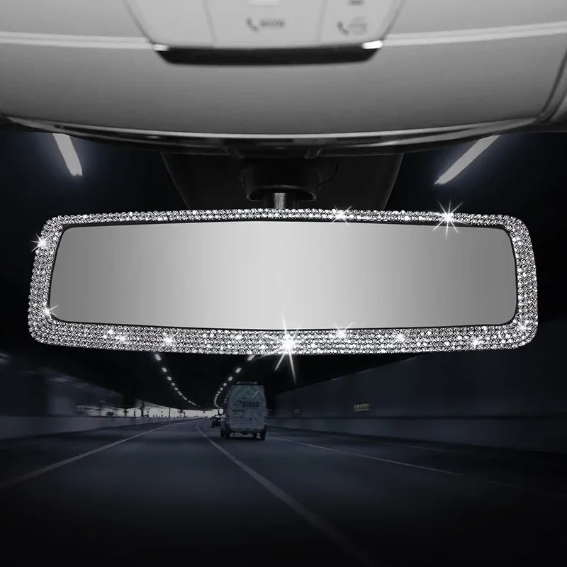 Rearview Mirror Cover Car Interior Rearview Mirror Decor Rhinestone Crystal Diamond Ornament Rear View Mirror Cover Bling Car Accessories Women
