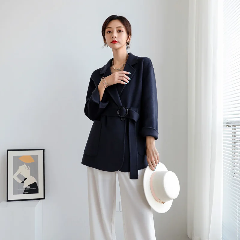 

2023 New In Outerwear Simple Style Double-Sided Short Black 100% Wool Coats Women Lapel Loose Lacing Belt Woolen Jackets