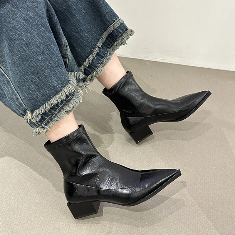 Shoes for Women 2023 New High Quality Silver Women's Boots Sexy Pointed Toe Mid Heel Ankle Boots Stylish Office Female Shoes