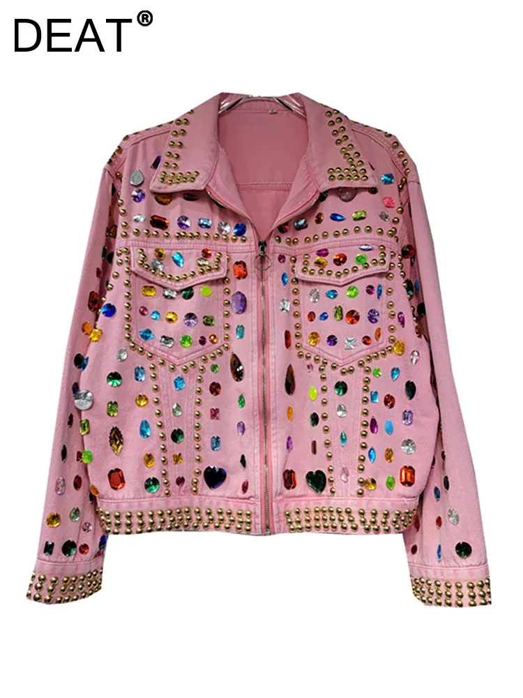 

DEAT Women's Denim Coat Patchwork Lapel Gold Rivet Pink Zipper Beading Single Breasted Jackets 2024 Summer New Fashion 29L6997