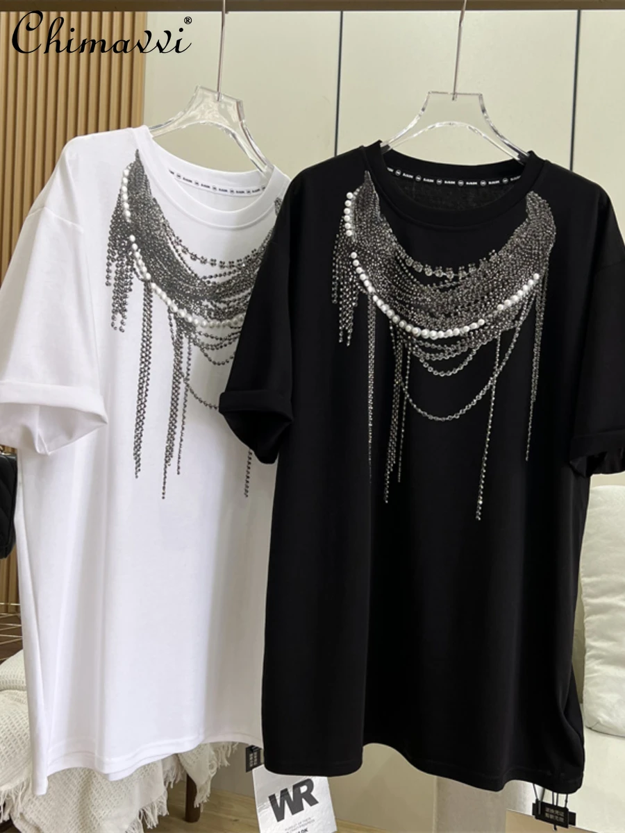 

European Heavy Hot Drilling Layered Necklace Loose Oversized Short Sleeve T-shirt Top Summer Fashion Round Neck Loose Tshirts