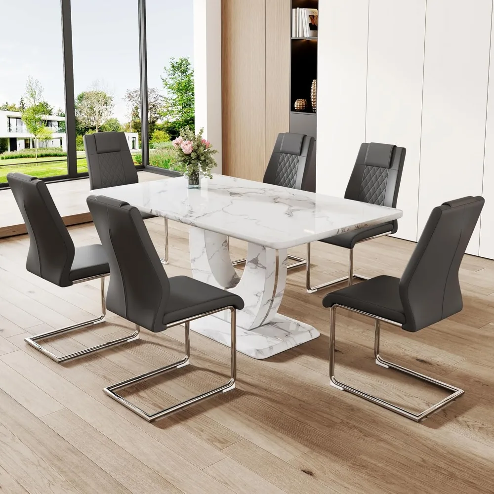 Dining Table Set for 6,Rectangula Kitchen Table Set Faux Marble Tabletop＆6 Pu Leather Upholstered Chairs Ideal , Kitchen Visit 2
