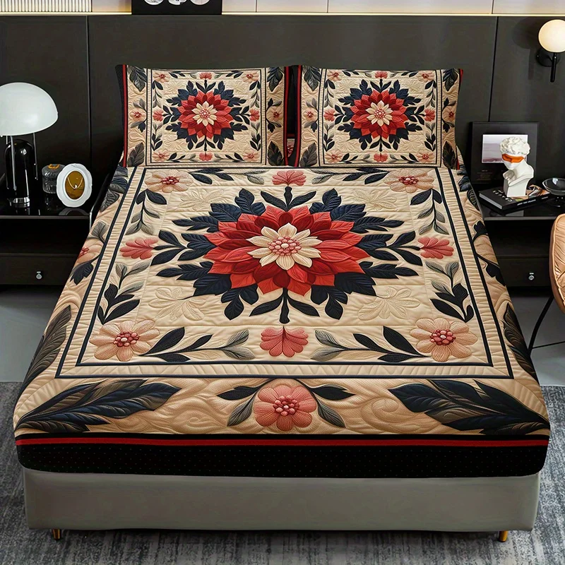 Exquisite Floral Print Fitted Sheet Set with 2 Pillowcases - High-Definition Printed Bed Sheets for Home And Dormitory