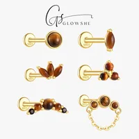 Glowshe 100% 925 Sterling Silver Tiger Eye Stone Cartilage Piercing Stud Earrings 1PCS Women's Fine Jewelry High Quality Gifts