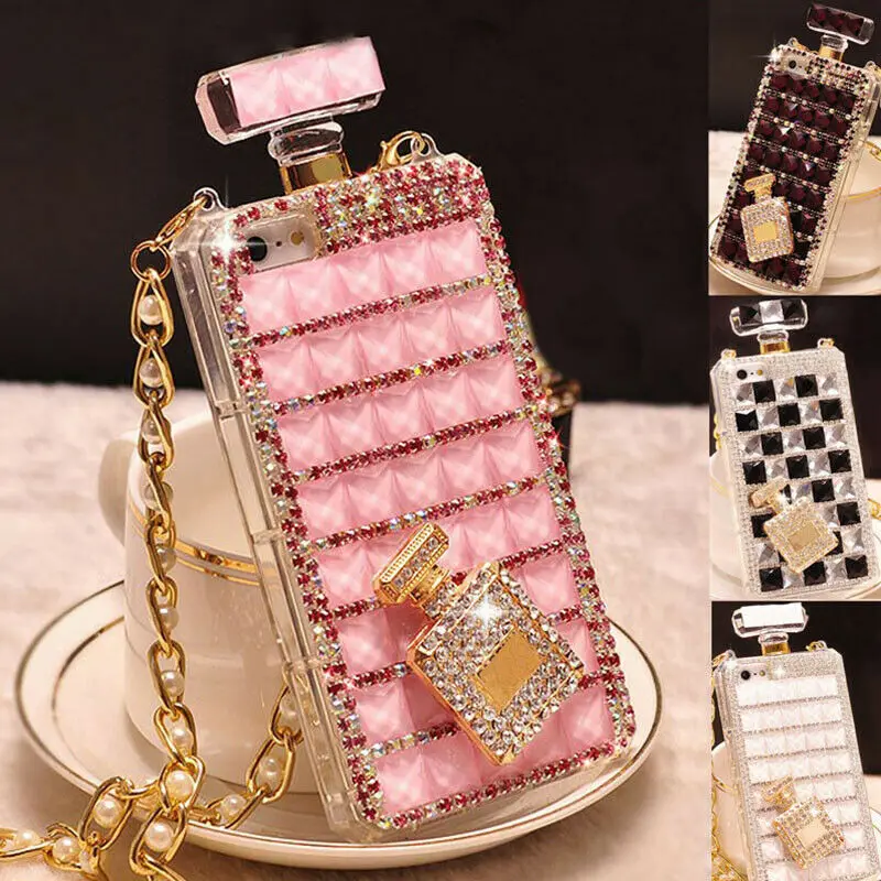 Luxury Shiny Bling Diamond Perfume Bottle Phone Case For iPhone 11 12 13 14 15 Pro Max XS XR 7 8 Plus With Chain DIY Back Cover