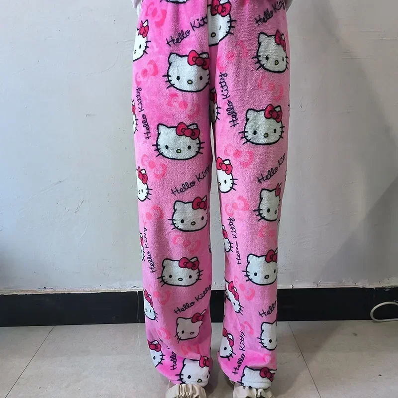 thumbnail image 1 of Pantalones de pijama de Hello Kitty, pantalones suaves de tejido elástico doble de forro polar de Sanrio Anime, nuevos pantalones para mujer, regalo de cumpleaños de dibujos animados Kawaii, 1 of 5