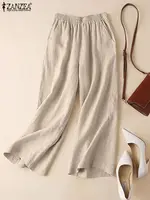 ZANZEA-Summer Women Pants Cotton Linen Elastic Waist Wide-Leg Trousers Casual Lightweight Solid Palazzo Pantalones Woman Bottoms - Image 2