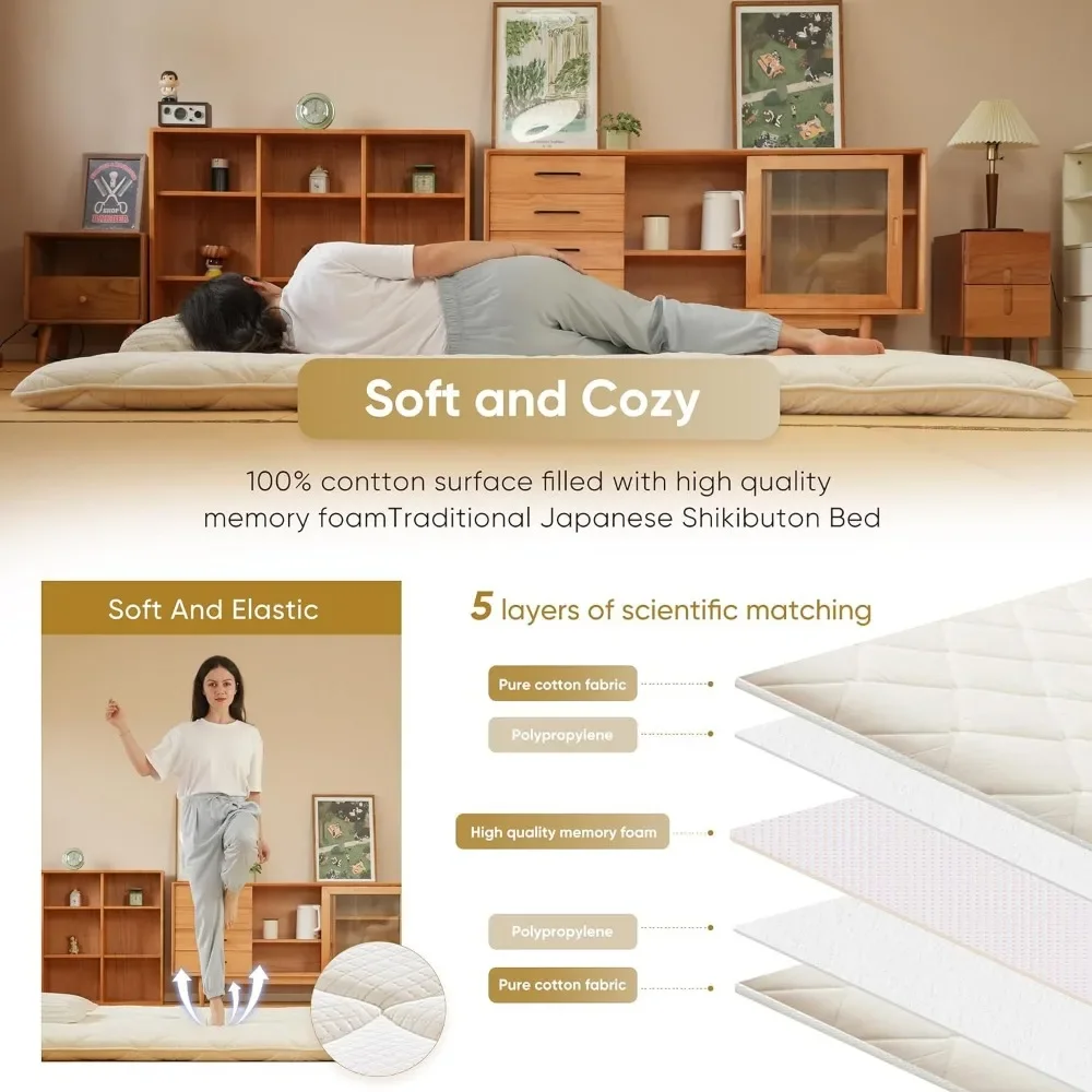 Japanese Floor Futon Mattress Traditional Cotton Shikibuton Foldable Roll Up Bed Queen 6