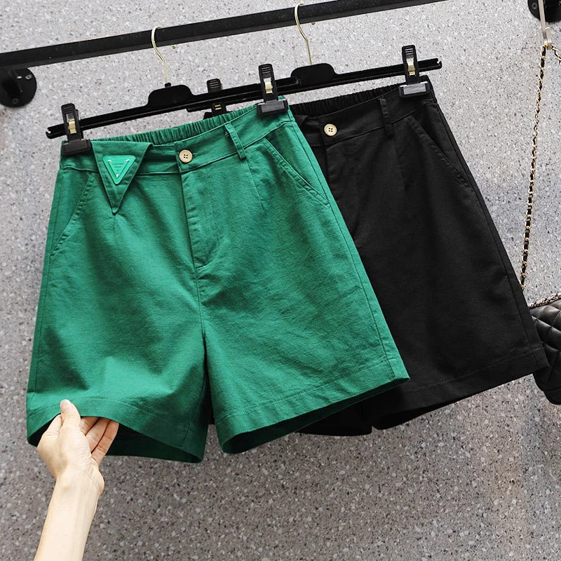 XL-5XL Oversize Elastic High Waist Female Summer Cotton Linen Straight Loose Short Pants Casual Thin Wide Leg Shorts Large Size
