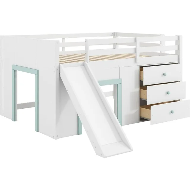 Modern Farmhouse Style Kids Full Size Loft Bed with Slide and Storage Drawers, No Box Spring Required