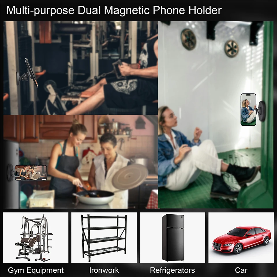 MOSENVKA Dual Magnetic Phone Holder Gym Magnetic Stand,Tripod Phone Mount (1/4'' Hole& ARCA-Swiss),Portable Phone Grip For IPhone 12/13/14/15/16/17-Desk/Car/Gym/Golf Cart/Airplane Use Stand (Grey