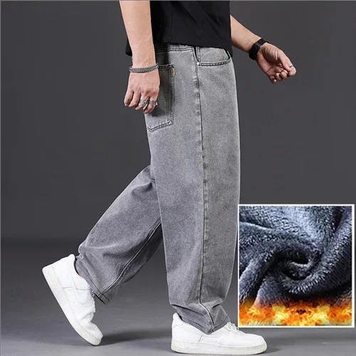 Джинсы Мужские Pantalones Vaqueros Hombre Plus Size Jeans for Men Winter Warm Wide Leg Jeans 30-48 Loose Long Pants Baggy Jeans 5