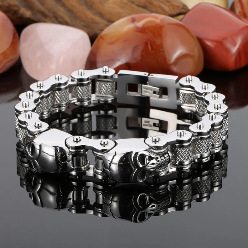 

18MM Heavy Vintage Gothic Punk Skull Lion Head Bracelet Men Rock Stainless Steel Bicycle Biker Bike Link Chain Bracelets Jewelry