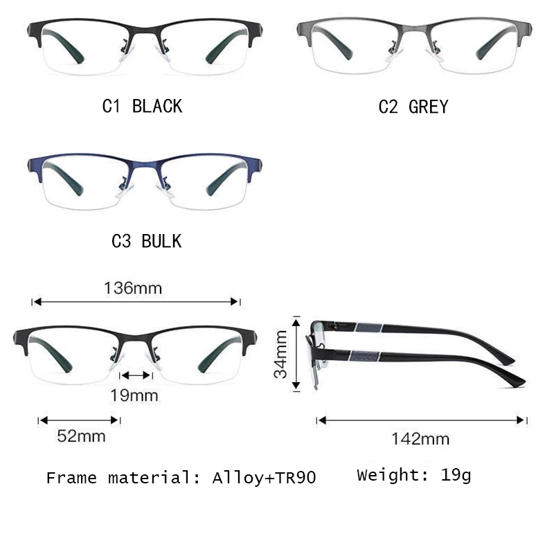 3PCS Anti Blau Lesebrille Männer Halbrahmen Gläser Business Stil Männliche Brillen Für Alte Menschen Gläser Mit grade + 100 ~ + 400 – Detail 5