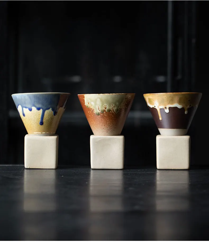 Retro Rough Pottery Coffee Cup with Base Creative Tapered Latte Flower Cup Household Tea Cup Kiln Ceramic Funnel Coffee Cup