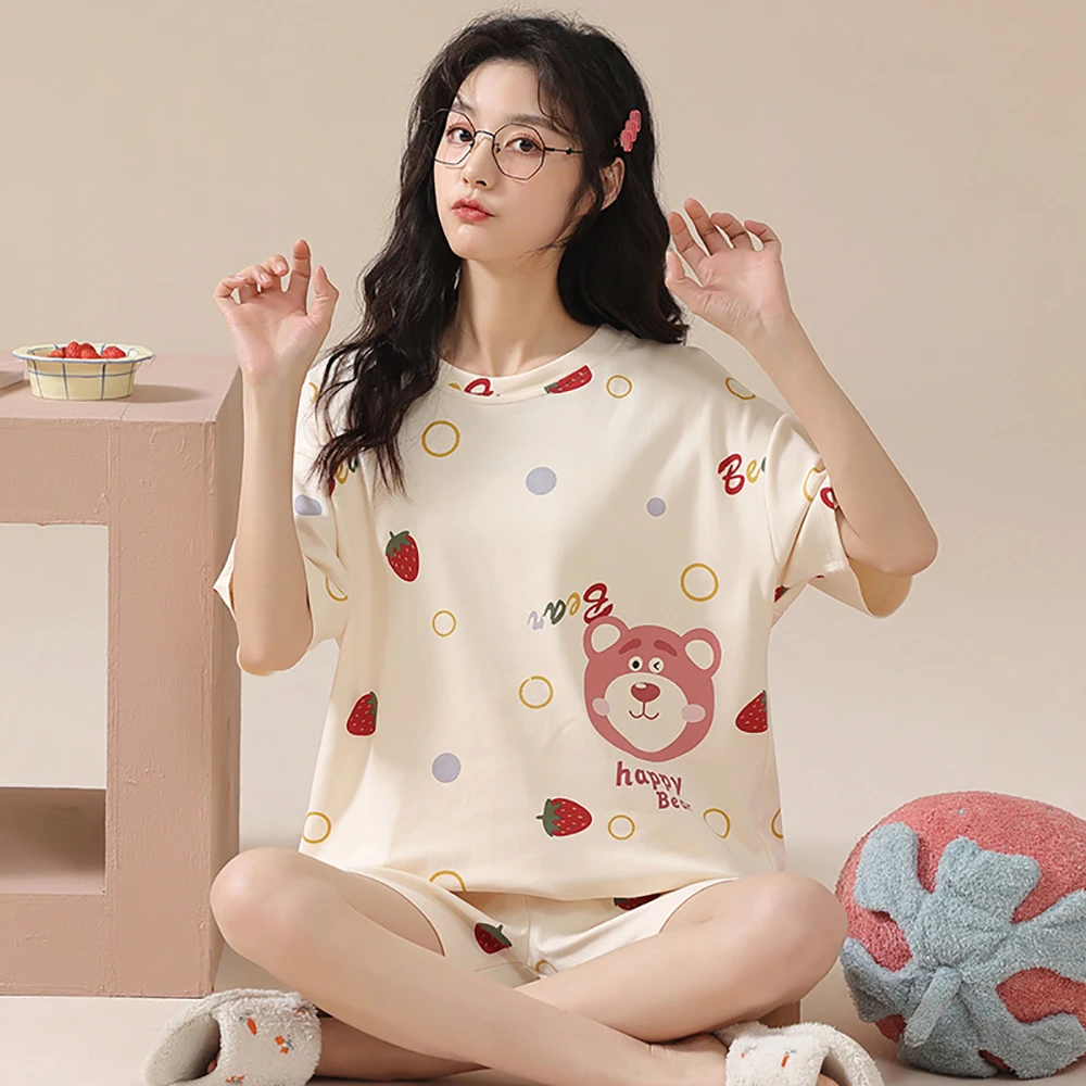 M-2XL 100% Cotton Cute Sweet Cartoon Home Clothes 2024 New Summer Short Sleeve Sleepwear Breathable Comfortable Women's Suit