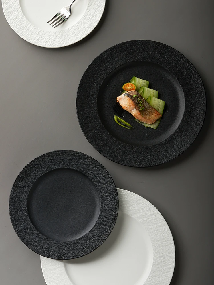 European Style Black Ceramic Dinner Plate Western Food Steak Plates Round Cooking Dishes Hotel Restaurant Tableware Set