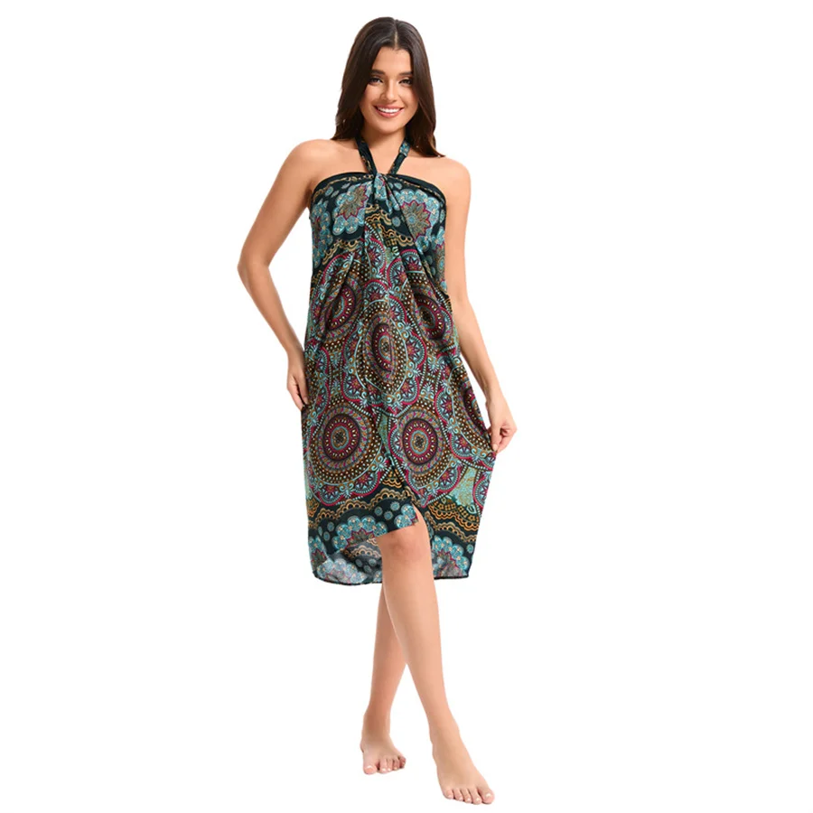 Women’s Boho Maxi Wrap Long Skirt Tie Up Beach Cover Up Dress Vintage Bohemian Adjustable High Waisted Holiday Rayon Dress 6