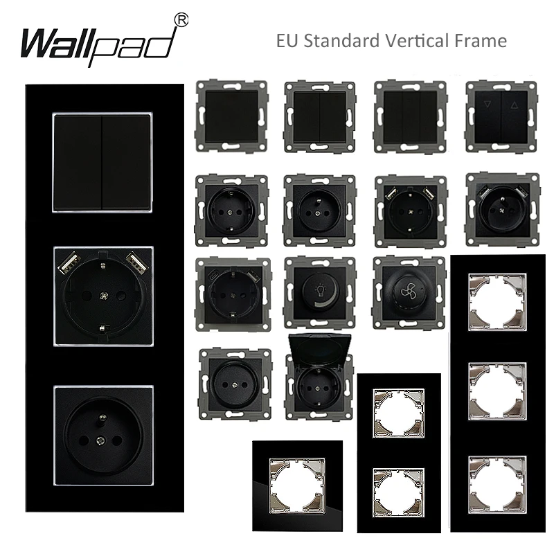 수직 EU FR TypeC A Usb 벽 소켓 1-3 프레임 검정색 유리 패널 푸시 스위치 데이터 RJ45 위성 TV DIY 모듈..