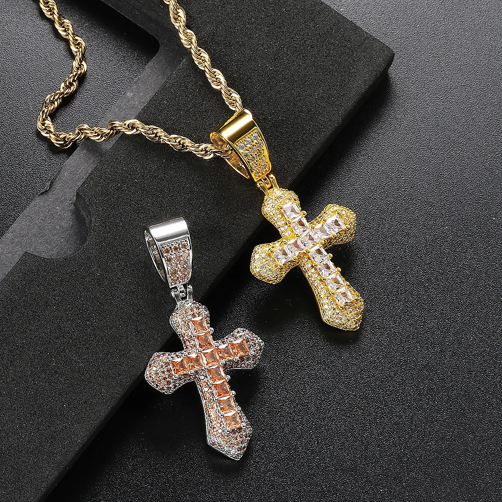 Hip Hop Kreuz Halskette für Männer aaa + Zirkonia vereist Anhänger Goldfarbe Edelstahl Seil Kette auf Hals Schmuck ohp141 – Detail 6