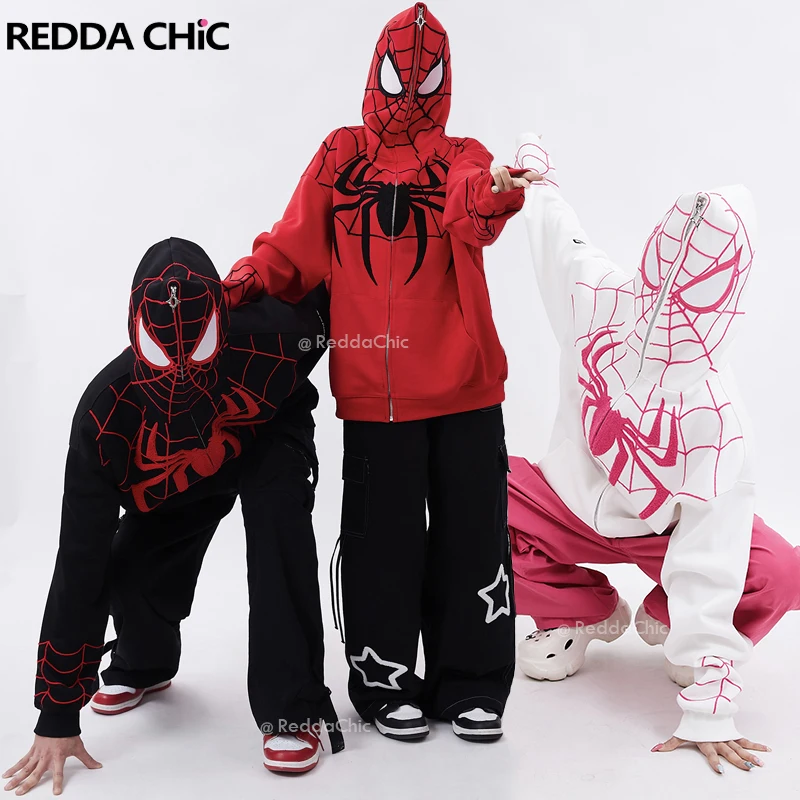 

Женский свитшот на молнии ReddaChic, свитшот с капюшоном в виде паука, нагрудник с карманами и вышивкой, куртка большого размера с длинным рукавом, топ 90-х годов, уличная одежда Y2k