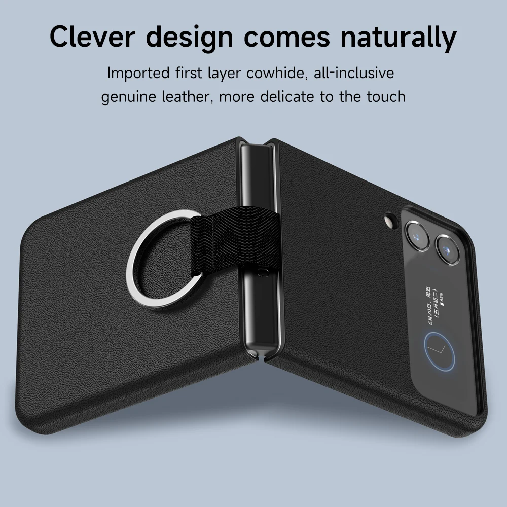 Genuine Cowhide Leather Phone Case for Samsung Galaxy Z Flip 3 Flip3 ZFlip3 Ring Lanyard Shockproof Separate Back Cover Shell