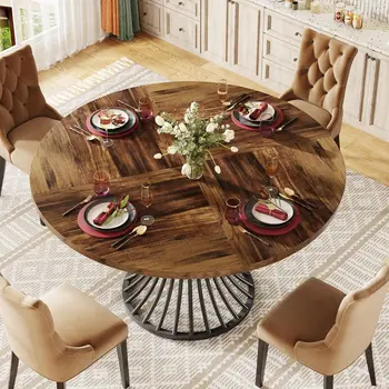 Tribesigns Round Dining Table for 4-6 People, 47-Inch Farmhouse Dinning Room Table Circle Kitchen Table, Industrial Dinner Table 4