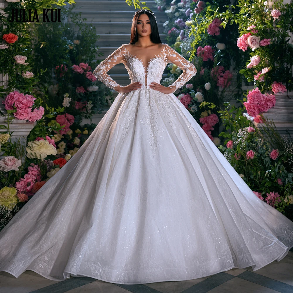 

Julia Kui Chic Lace Full Sleeves Ball Gown Wedding Dresses Beading Pearls Appliques Sweetheart Bridal Skits