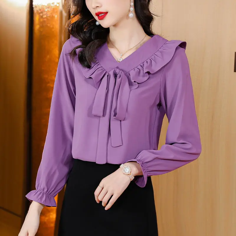 

Elegant Solid Color Spliced Folds Lace Up Bow Ruffles Blouse Women's Clothing 2023 Spring New Korean Pullovers Office Lady Shirt
