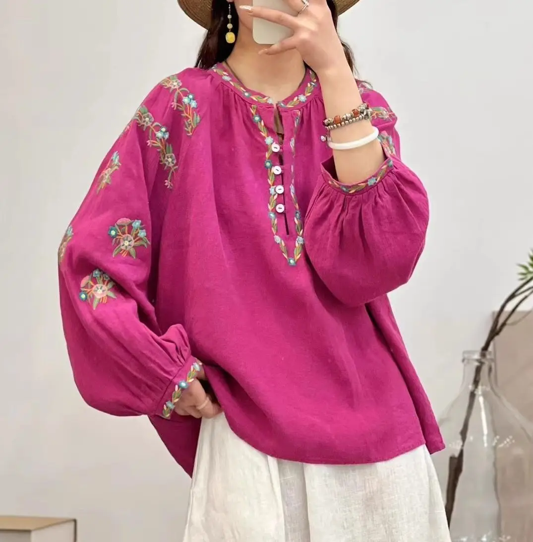 Vintage Embroidered T Shirt Cotton Linen Summer Top