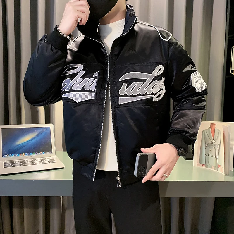 

Winter Bomber Jacket for Men Letter Stand Collar Warm Puffer Parkas Loose Casual Hiphop Overcoat Streetwear Men Clothing 2023