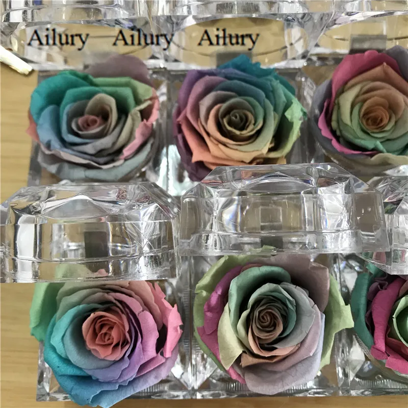 4cm Rainbow Color Rose Little Gift Artifical Flower Cute Decorative Present Acrylic Ring Box For Wedding Creative Gift rose necklace artificial roses